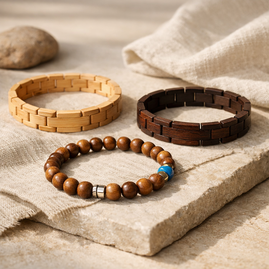 Bracelet artisanal en bois naturel avec perles bleu-vert et détails dorés, présenté sur une théière en argile rouge dans une ambiance minimaliste.