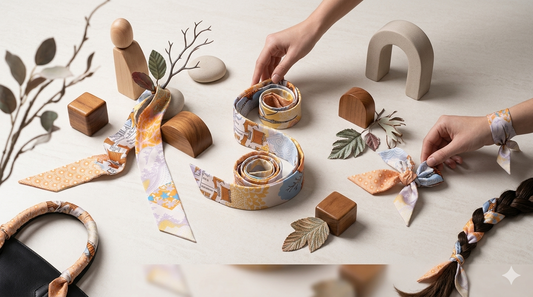 Sélection d'accessoires en soie L'Atelier Wen avec différentes façons de nouer le bandeau en bracelet, sur sac et dans les cheveux