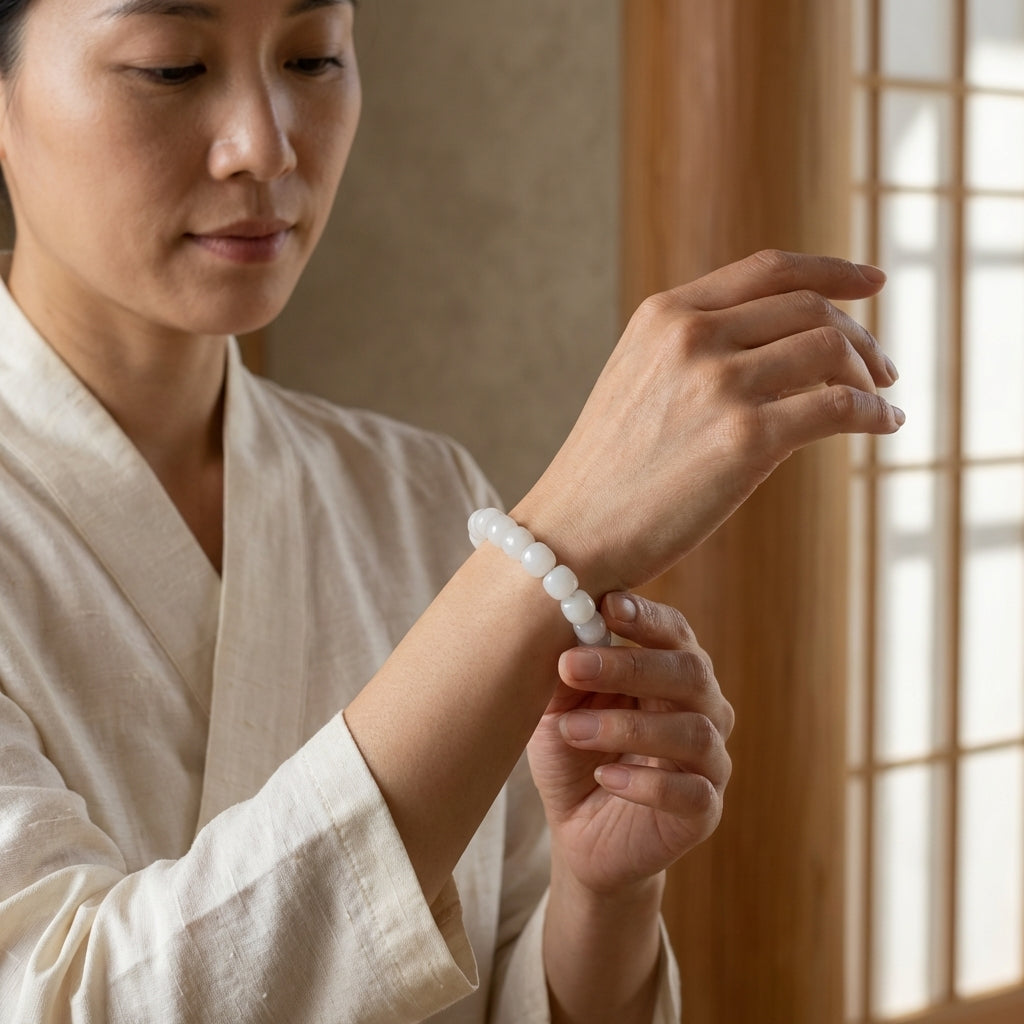 Femme ajustant un bracelet en jade blanc néphrite au poignet. Tenue en lin et décor zen signé L'Atelier Wen