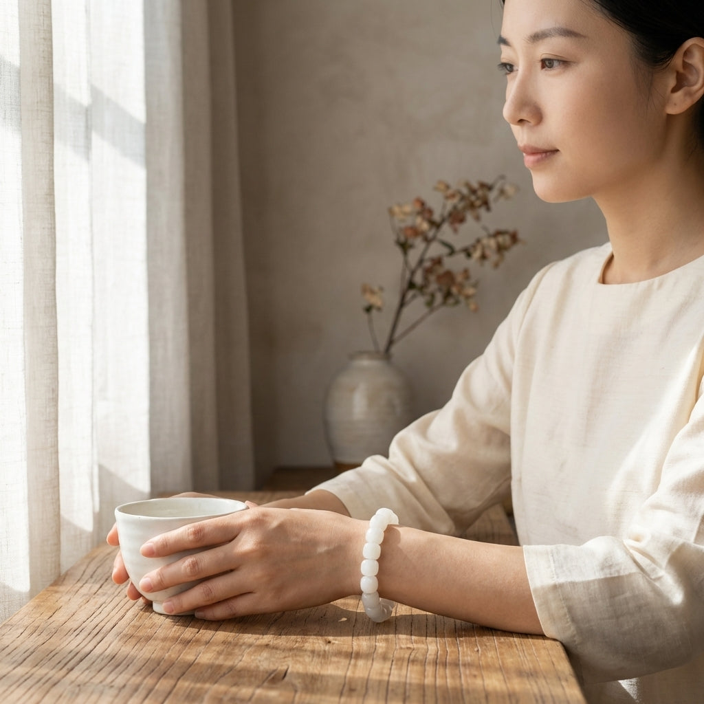 Bracelet en jade blanc porté par une femme tenant une tasse de thé près d'une fenêtre. Ambiance douce et épurée.