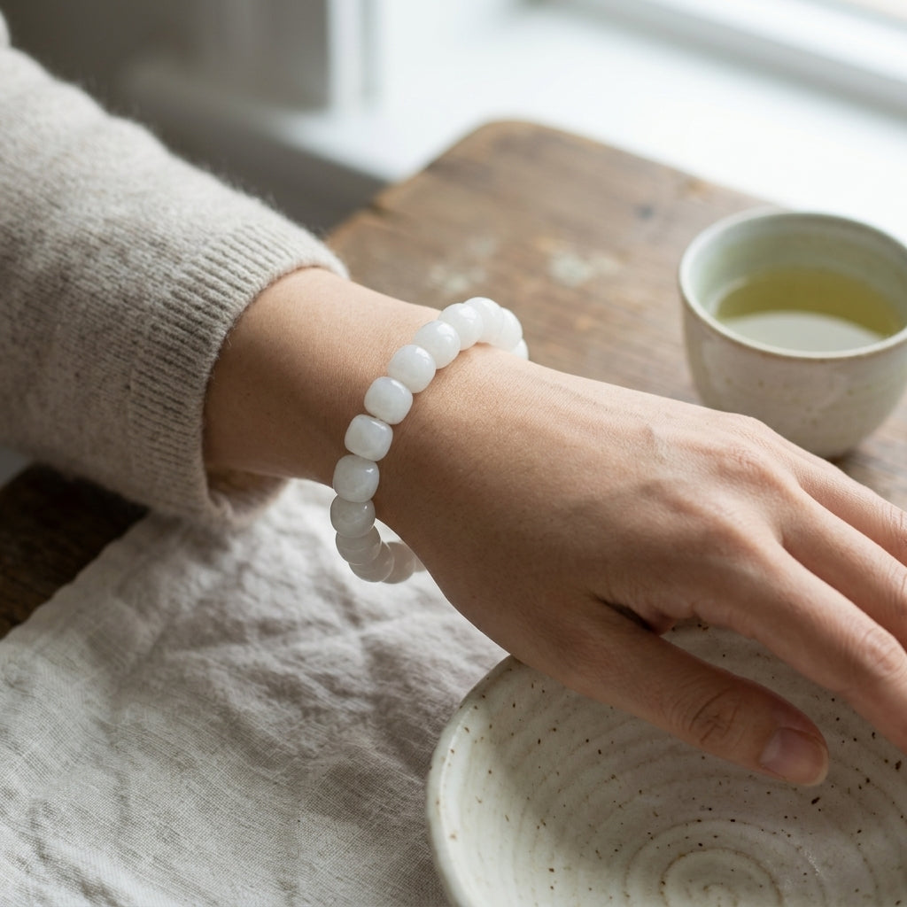Détail d'un bracelet en perles de jade blanc au poignet, posé près de bols en céramique artisanale. L'Atelier Wen.