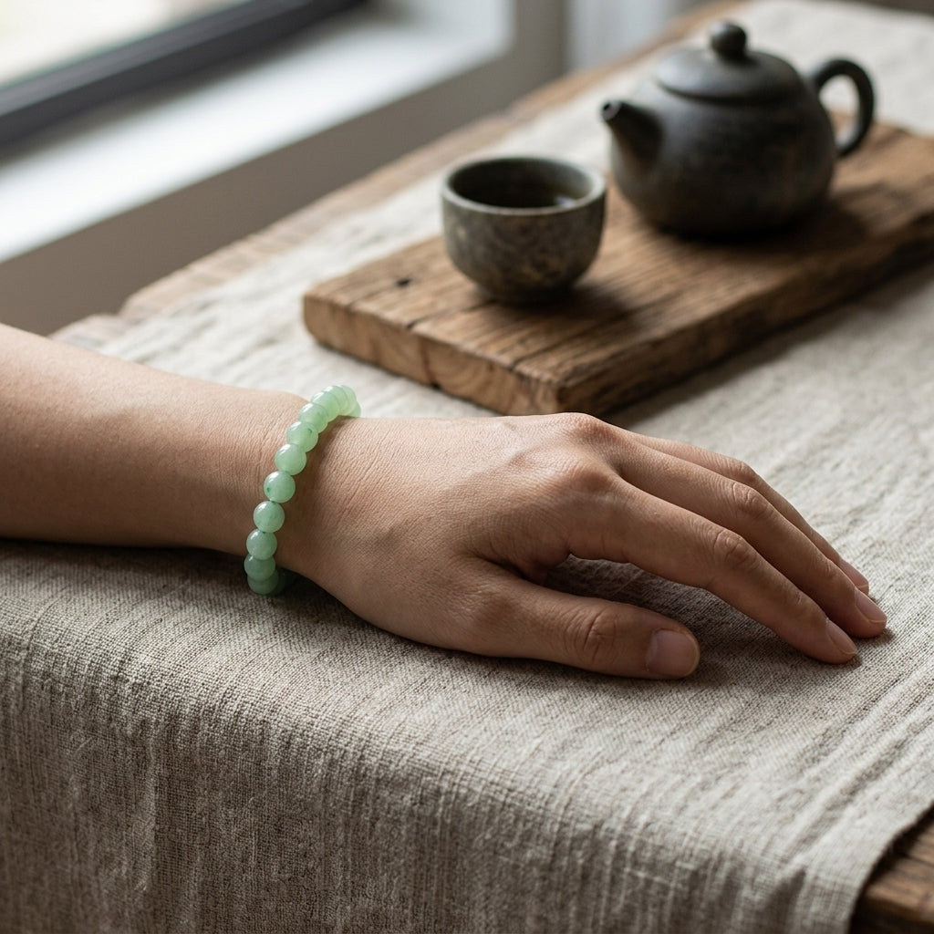 Bracelet en aventurine verte au poignet, posé sur du lin près d'une théière en fonte. Ambiance zen L'Atelier Wen.