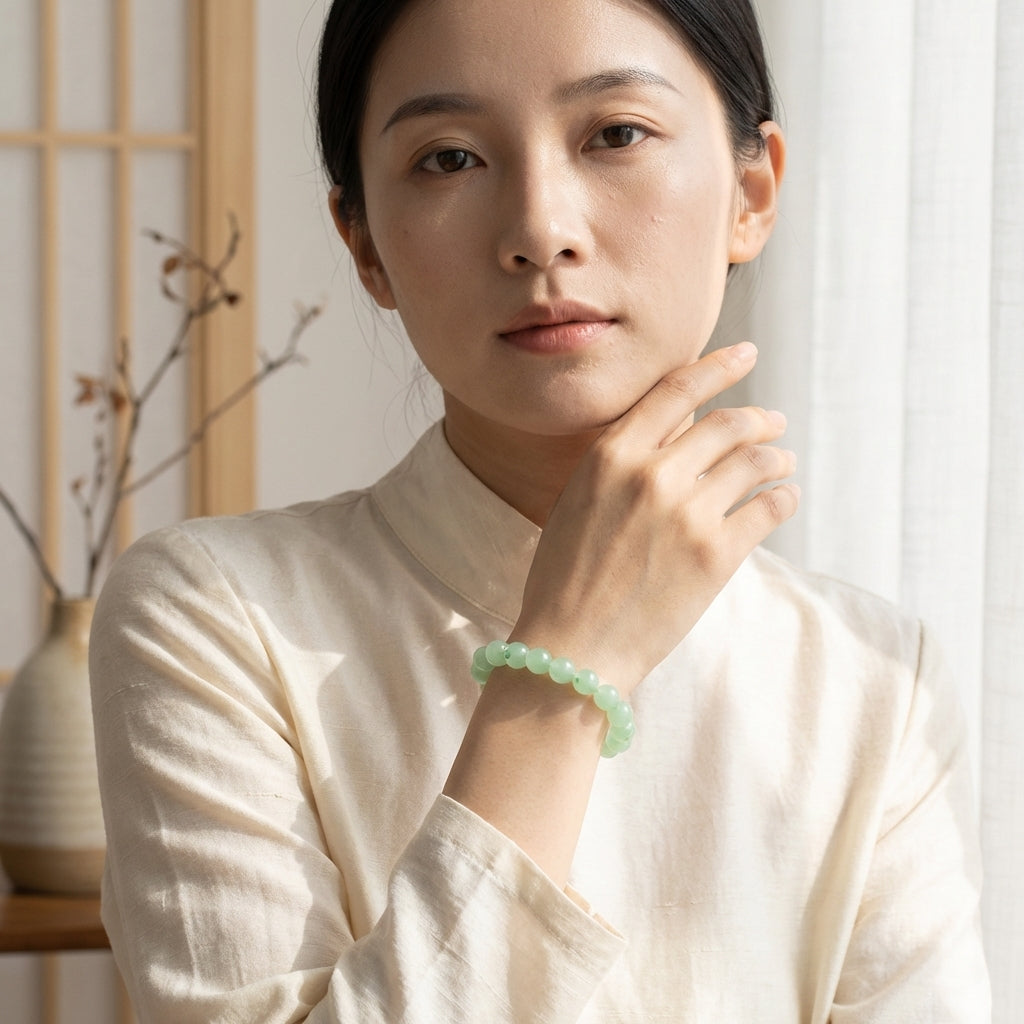 Portrait d'une femme portant le bracelet en aventurine verte de l'Atelier Wen. Style épuré et naturel.