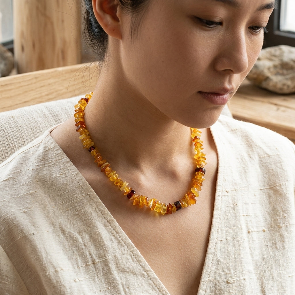 Femme portant le collier en ambre naturel de L'Atelier Wen, avec un col en V. Regard baissé et doux.