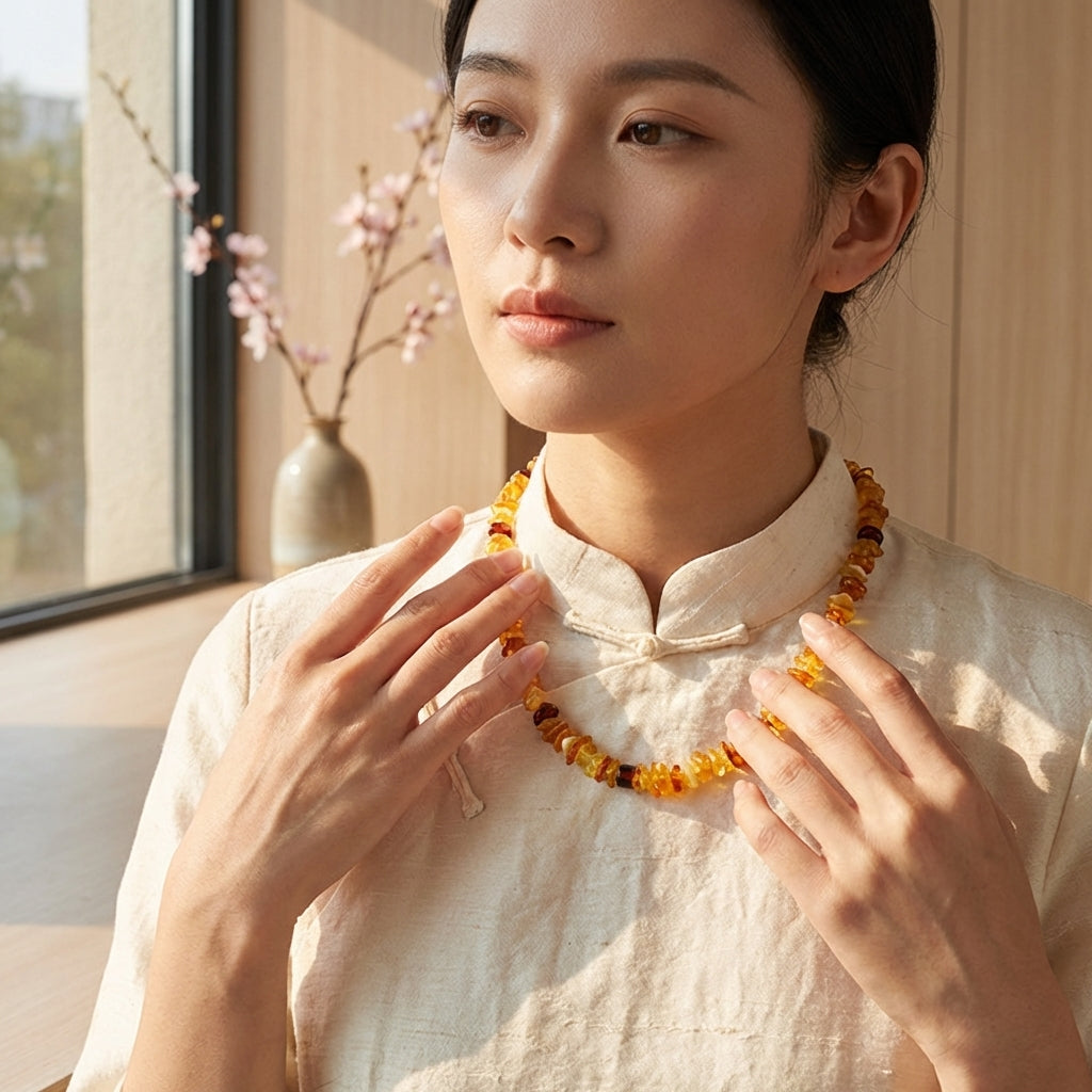 Portrait d'une femme portant le collier en ambre naturel de L'Atelier Wen. Ambiance lumineuse et naturelle.