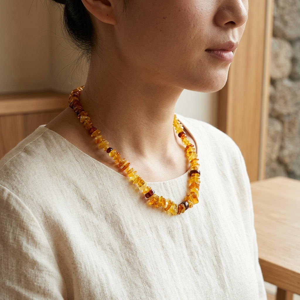 Gros plan du collier en ambre naturel porté par une femme en robe de lin. Décor zen avec bois et pierre.