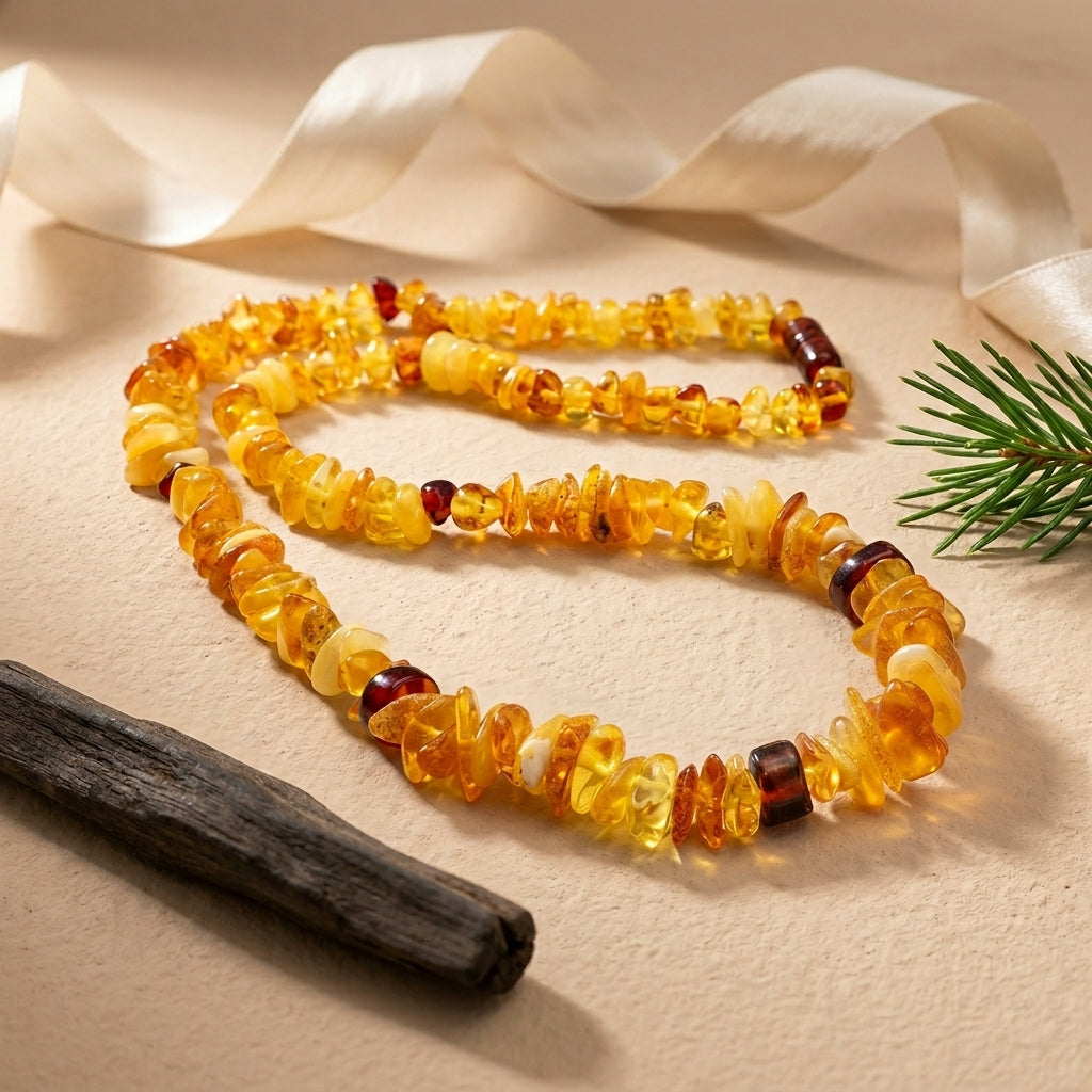 Collier en ambre naturel posé avec une branche de pin, du bois brûlé et un ruban satiné. Ambiance chaleureuse.